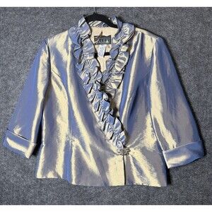 Alex Evenings Blazer XL Metallic Blue Gold Ruffled Collar Jeweled Clasp Formal